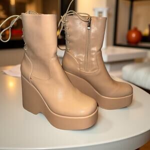 7.5 Beige Y2k Retro Vegan Leather Chunky Platform Calf Boots Tall Shoes 90s Lace